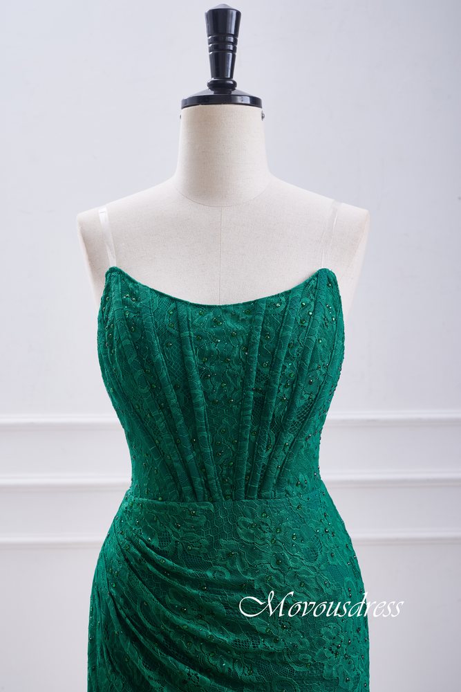 Hunter Green strapless Pleated Lace Homecoming Dress