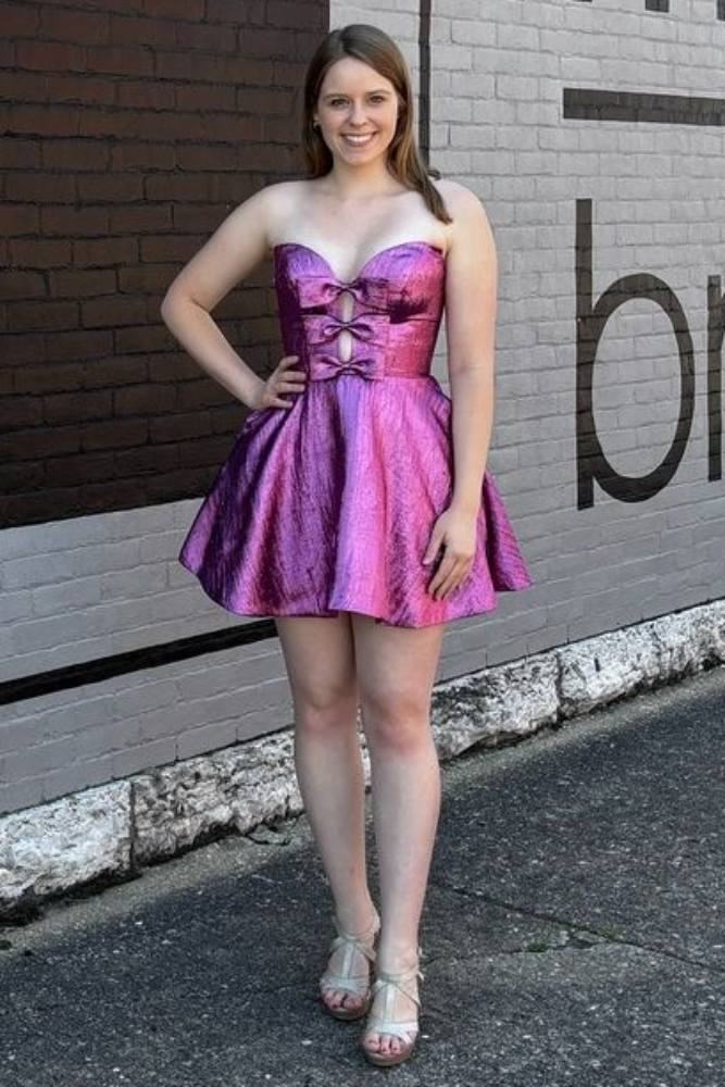 Purple Strapless A-line Short Homecoming Dress with Bow