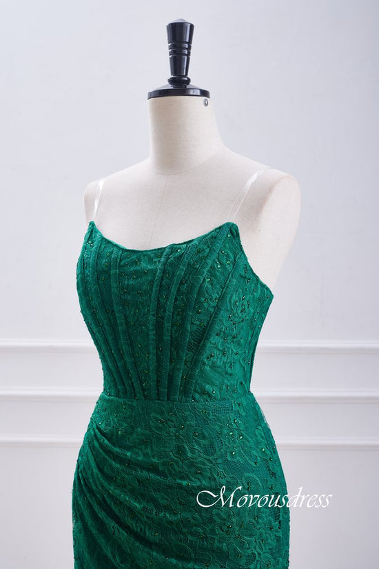 Hunter Green strapless Pleated Lace Homecoming Dress