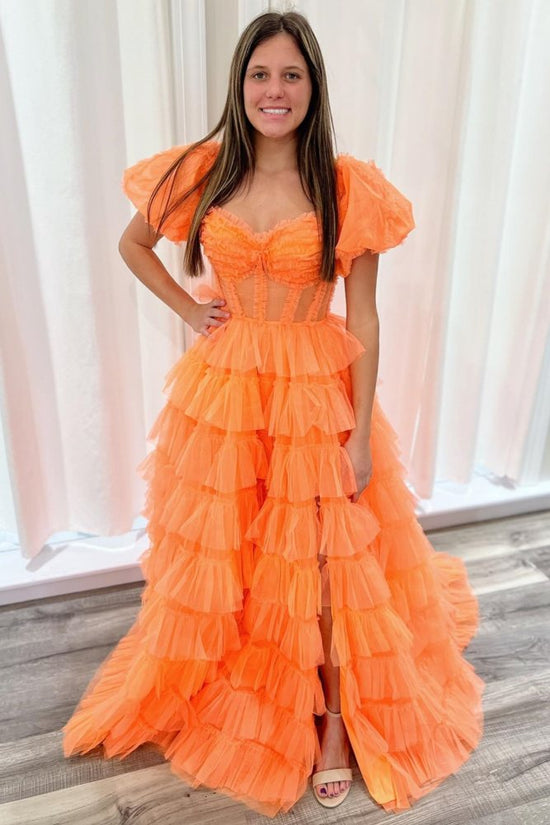 Puff Sleeves Orange A-Line Layered Tulle Long Prom Dress