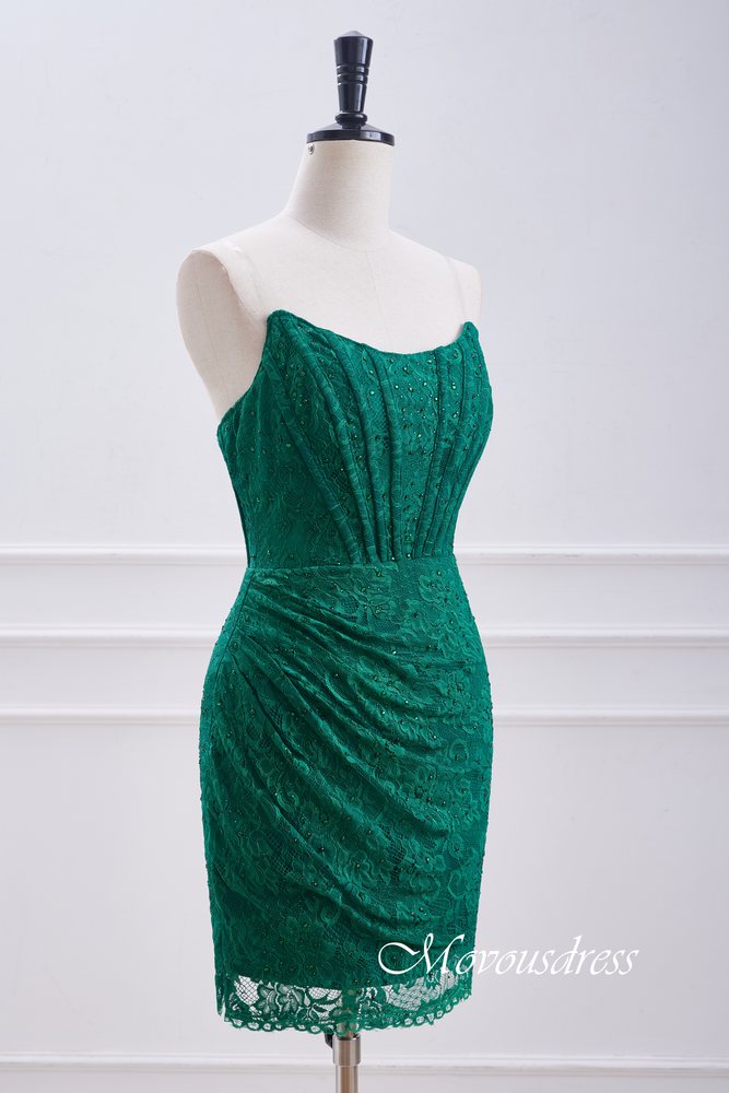 Hunter Green strapless Pleated Lace Homecoming Dress