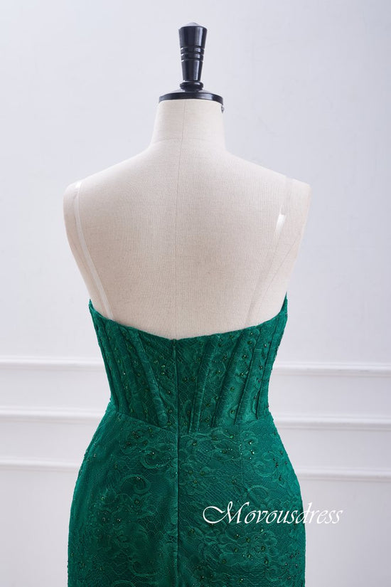 Hunter Green strapless Pleated Lace Homecoming Dress