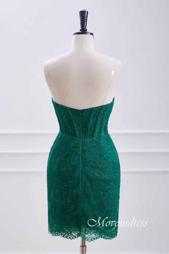 Hunter Green strapless Pleated Lace Homecoming Dress