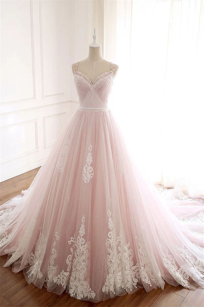 Pink Double Straps Applique A-Line Wedding Dress