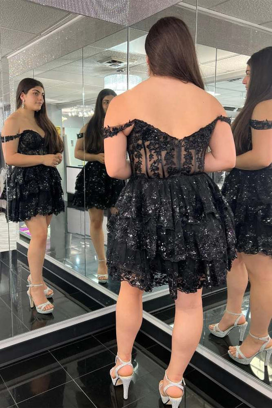 Off the Shoulder Black Sequin Ruffle Homecoming Dress