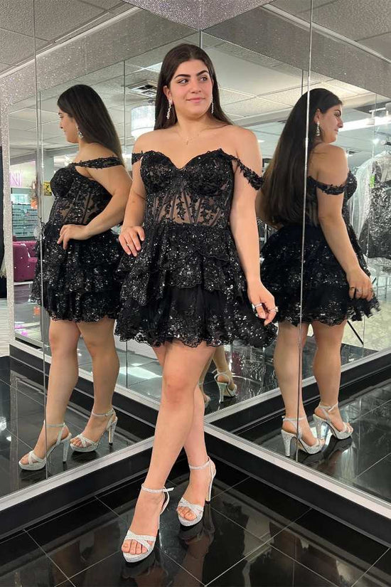 Off the Shoulder Black Sequin Ruffle Homecoming Dress