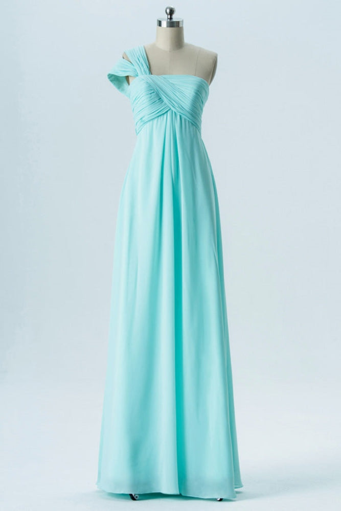 Aqua Blue One Shoulder Pleated Long Bridesmaid Dress