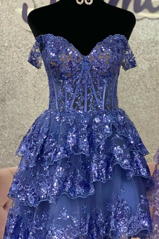 Off the Shoulder Dark Navy Sequin Ruffle Homecoming Dress