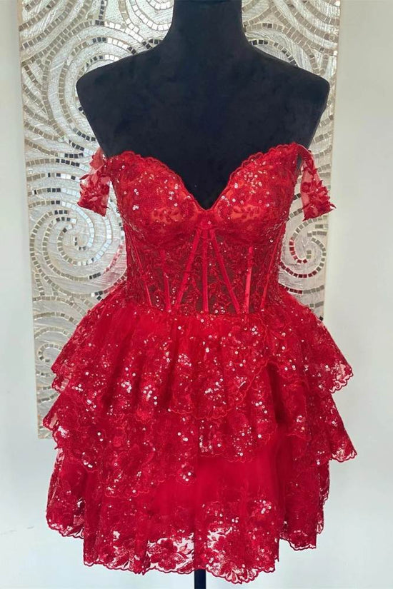 Off the Shoulder Red Sequin Ruffle Homecoming Dress