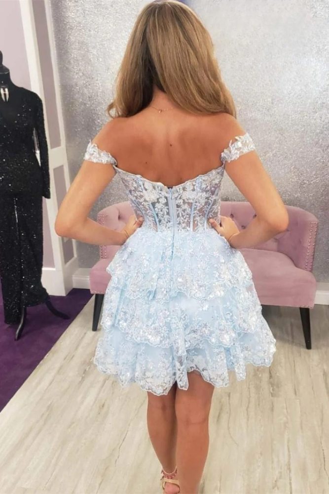 Off the Shoulder Light Blue Sequin Ruffle Homecoming Dress