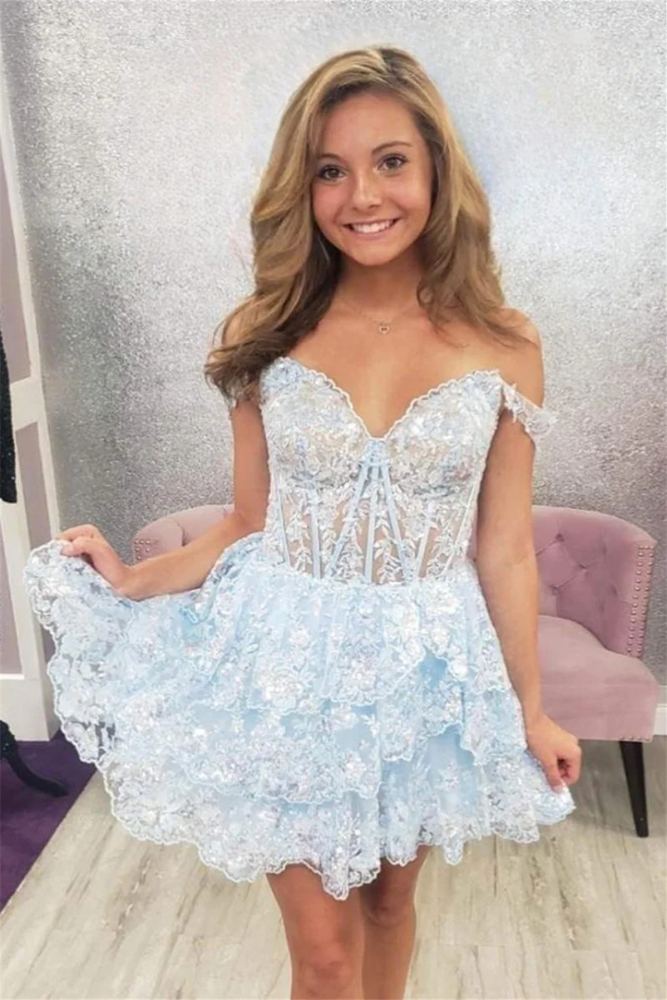 Off the Shoulder Light Blue Sequin Ruffle Homecoming Dress