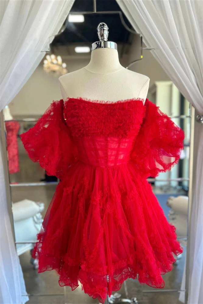 Red Corset Ruffle A-line Homecoming Dress with Detachable Sleeves