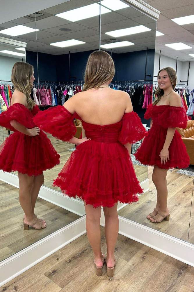 Red Corset Ruffle A-line Homecoming Dress with Detachable Sleeves