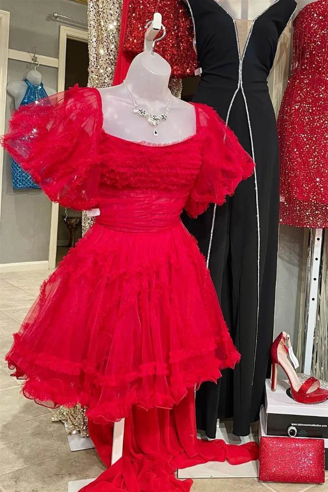 Red Corset Ruffle A-line Homecoming Dress with Detachable Sleeves