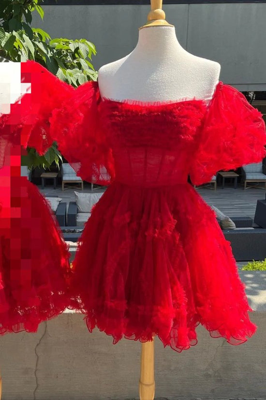 Red Corset Ruffle A-line Homecoming Dress with Detachable Sleeves