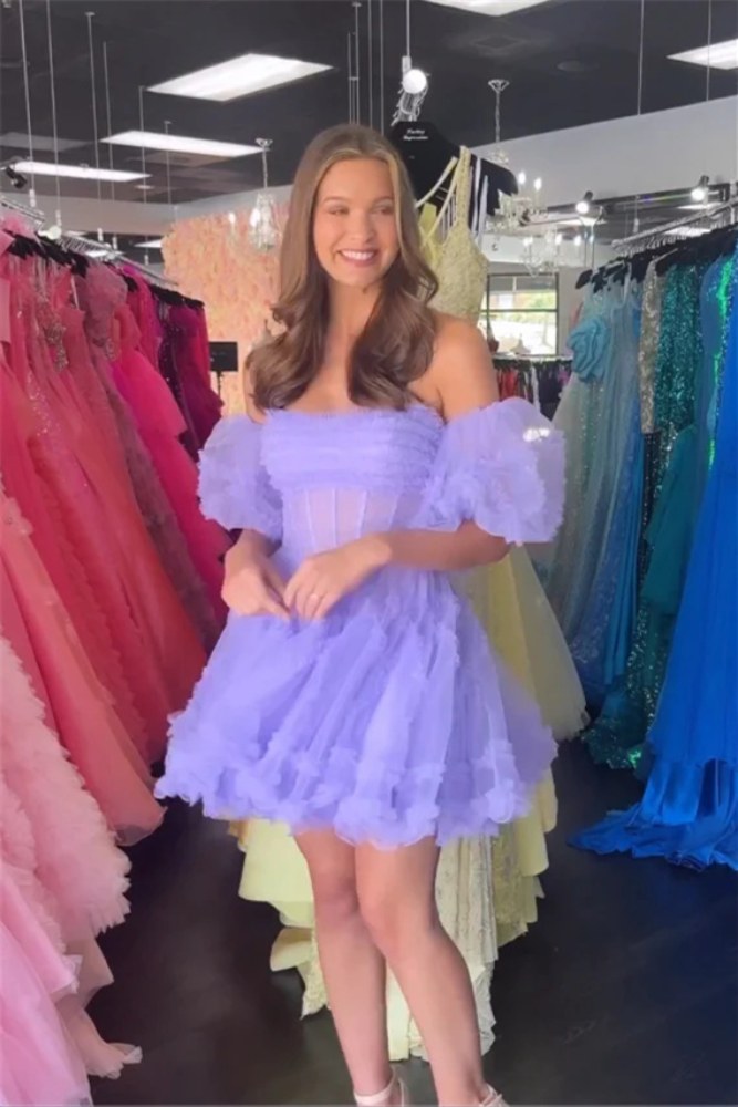 Lavender Corset Ruffle A-line Homecoming Dress with Detachable Sleeves