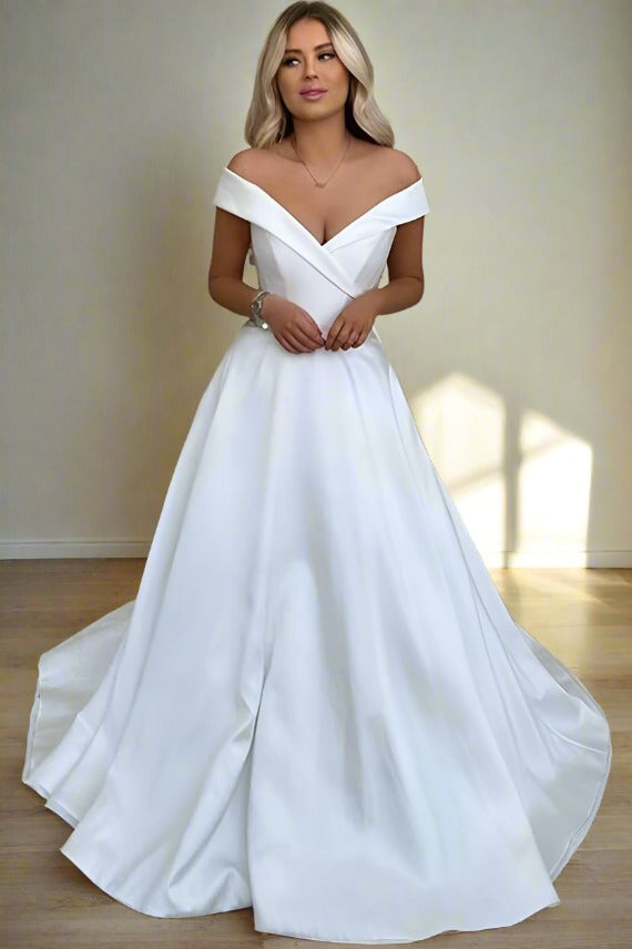 Off the Shoulder White Satin A-Line Wedding Dress