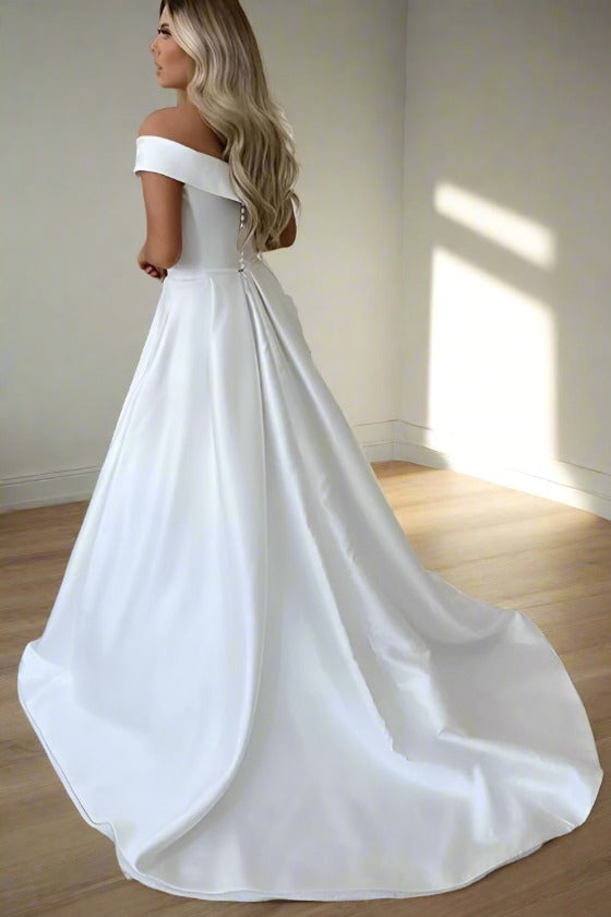 Off the Shoulder White Satin A-Line Wedding Dress