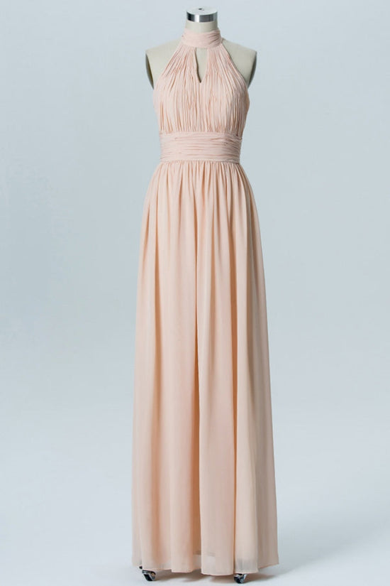 Peach Halter Pleated Chiffon Long Bridesmaid Dress