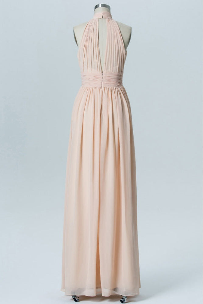 Peach Halter Pleated Chiffon Long Bridesmaid Dress