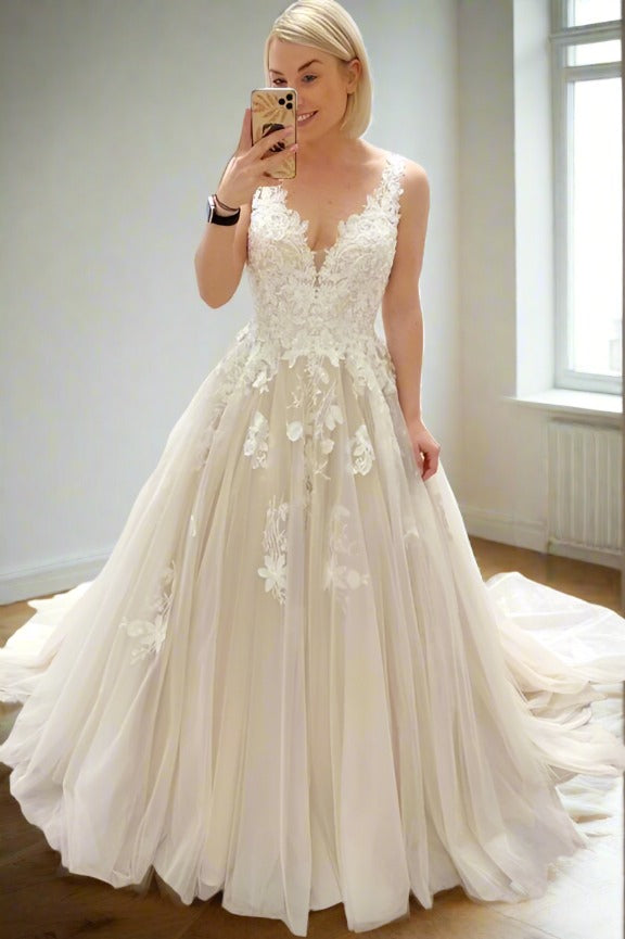 V-Neck Champagne Applique Tulle Long Bridal Dress