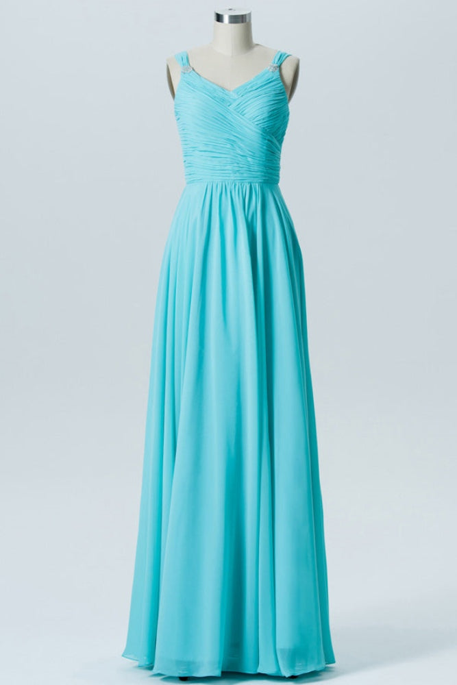 Light Blue Straps Pleated Long Bridesmaid Dress