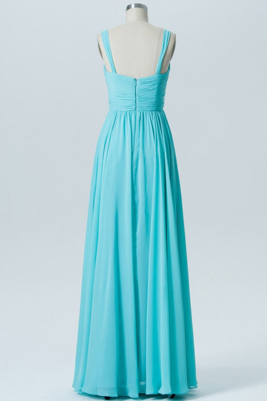 Light Blue Straps Pleated Long Bridesmaid Dress