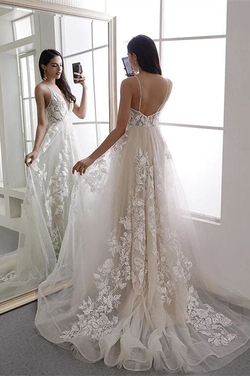 Spaghetti Straps Champagne Applique Long Bridal Dress