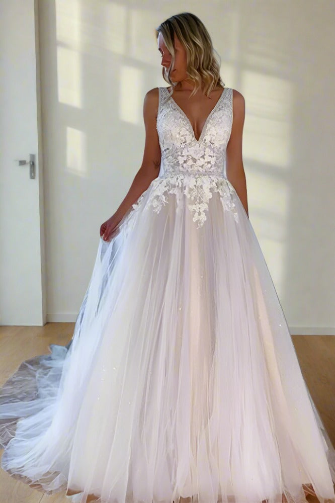 Ivory V-Neck Applique A-Line Tulle Wedding Dress