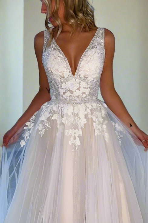 Ivory V-Neck Applique A-Line Tulle Wedding Dress