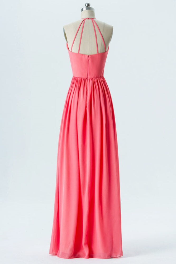 Coral Halter A-Line Chiffon Bridesmaid Dress