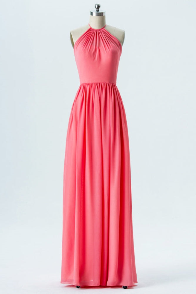 Coral Halter A-Line Chiffon Bridesmaid Dress