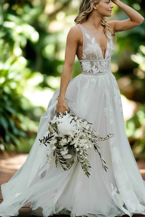 Plunging Neck Ivory Applique Tulle Long Wedding Dress