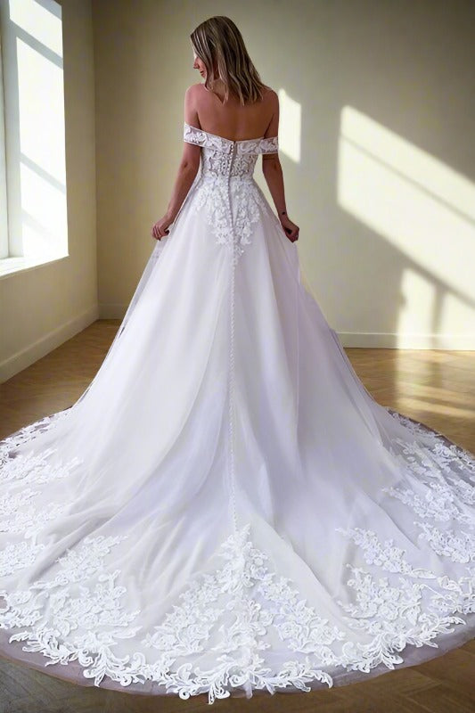 Off the Shoulder White Applique A-Line Bridal Dress