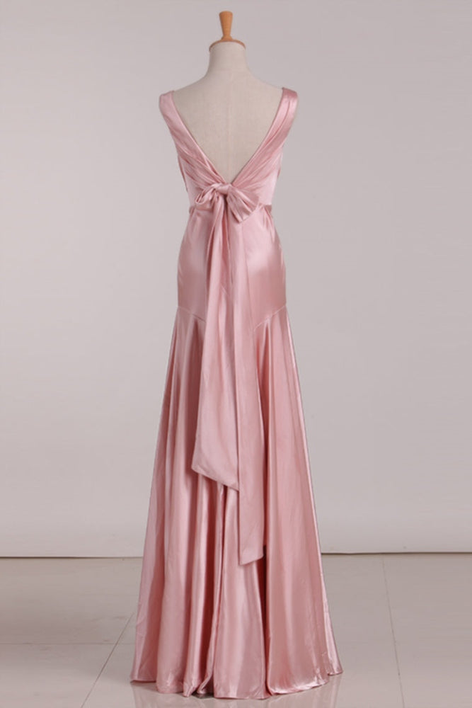 Pink V-Neck Mermaid Bridesmaid Dress with Bow Tie Back