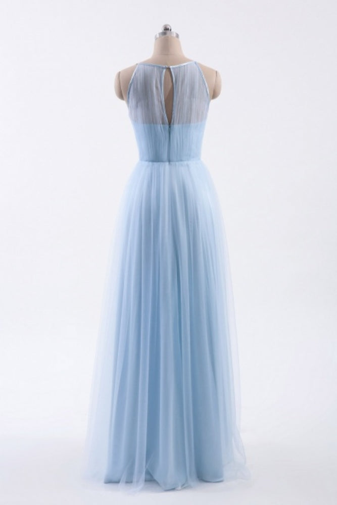 Ice Blue Crew Neck Lace Long Bridesmaid Dress