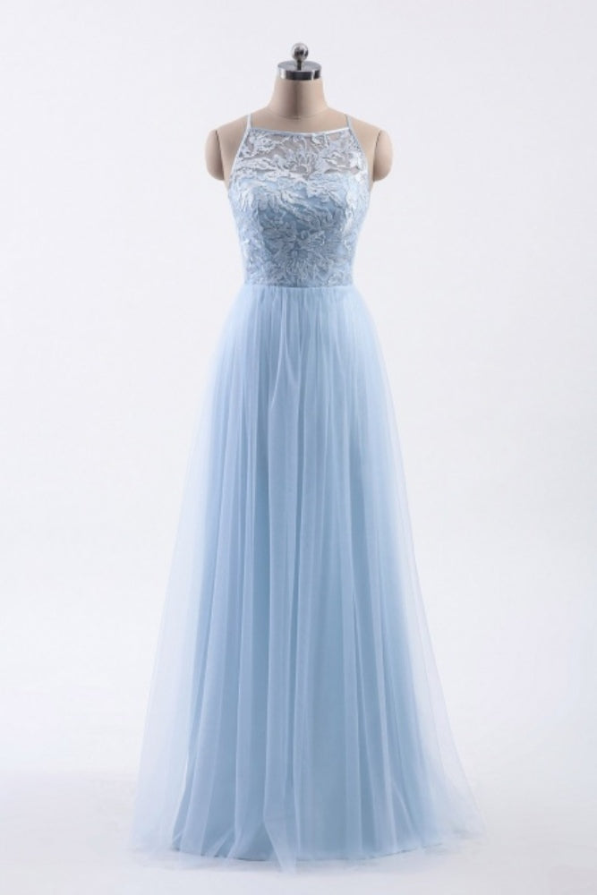 Ice Blue Crew Neck Lace Long Bridesmaid Dress