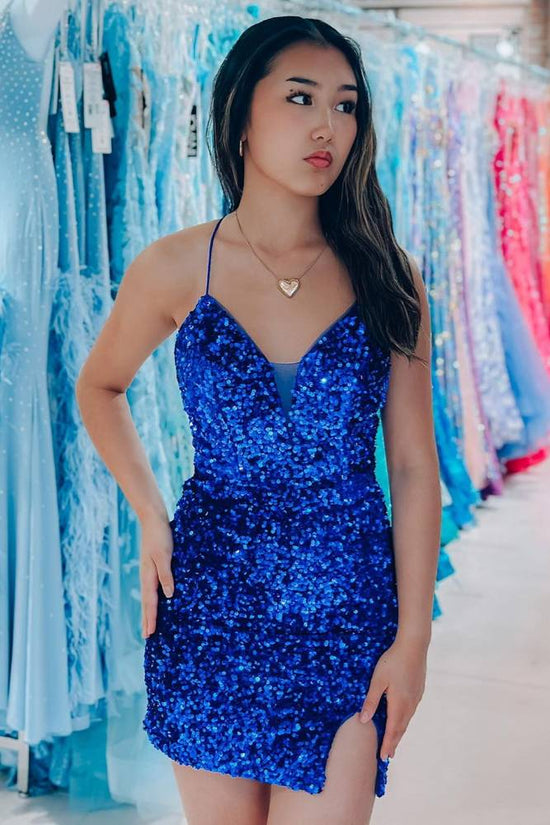 Royal Blue Spaghetti Sequin Tight Homecoming Dress