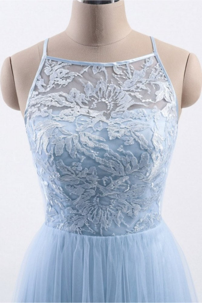 Ice Blue Crew Neck Lace Long Bridesmaid Dress