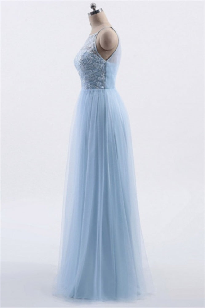 Ice Blue Crew Neck Lace Long Bridesmaid Dress