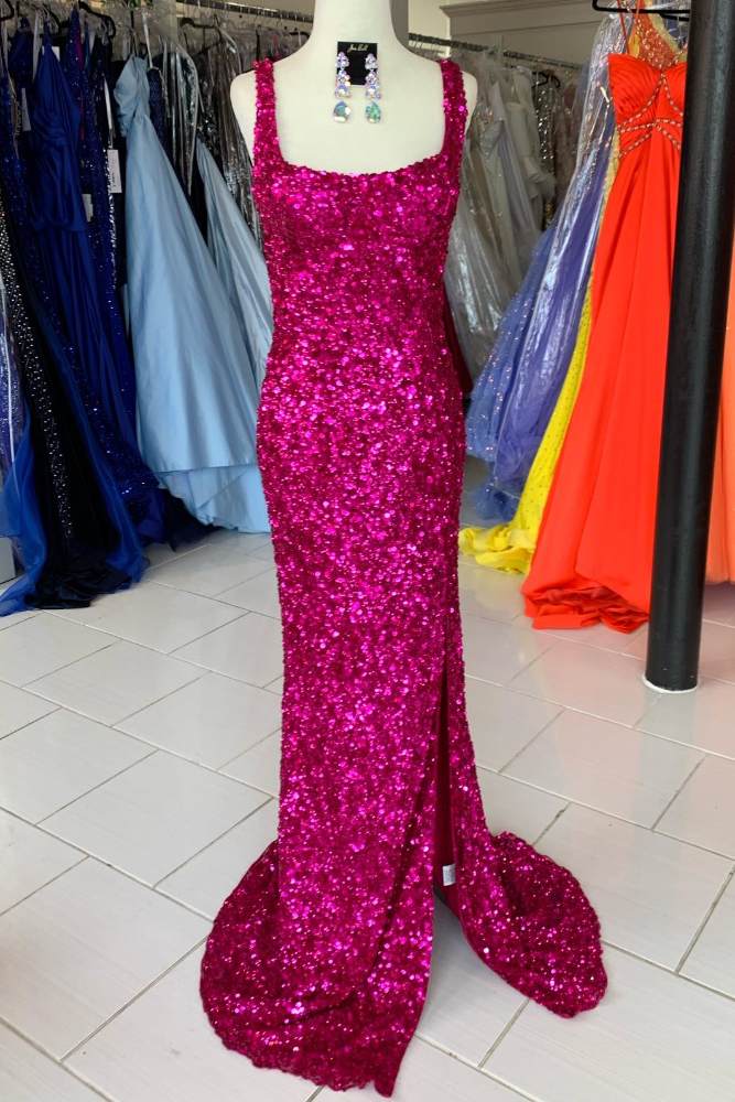 Fuchsia Square Sequin Mermaid Prom Dress with Slit