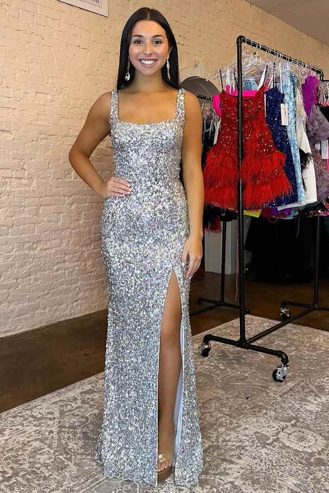 Sliver Square Sequin Mermaid Prom Dress with Slit