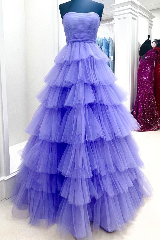 Strapless Lavender Layered Tulle Long Prom Dress