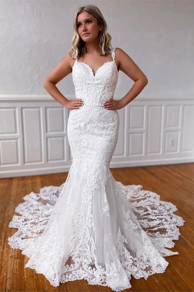 White Straps Lace Mermaid Wedding Dress with Open Back