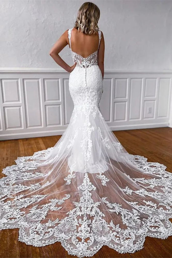 White Straps Lace Mermaid Wedding Dress with Open Back