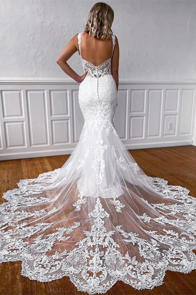 White Straps Lace Mermaid Wedding Dress with Open Back