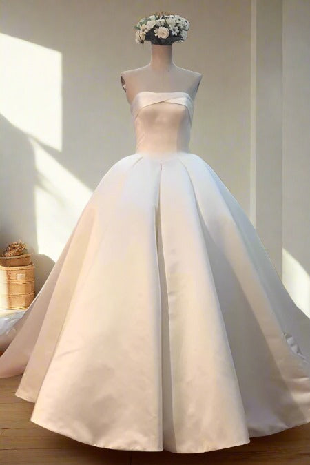 White Strapless Satin A-Line Ball Gown