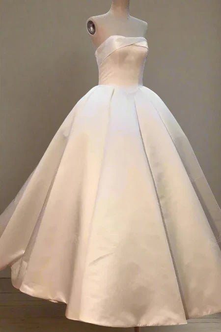 White Strapless Satin A-Line Ball Gown