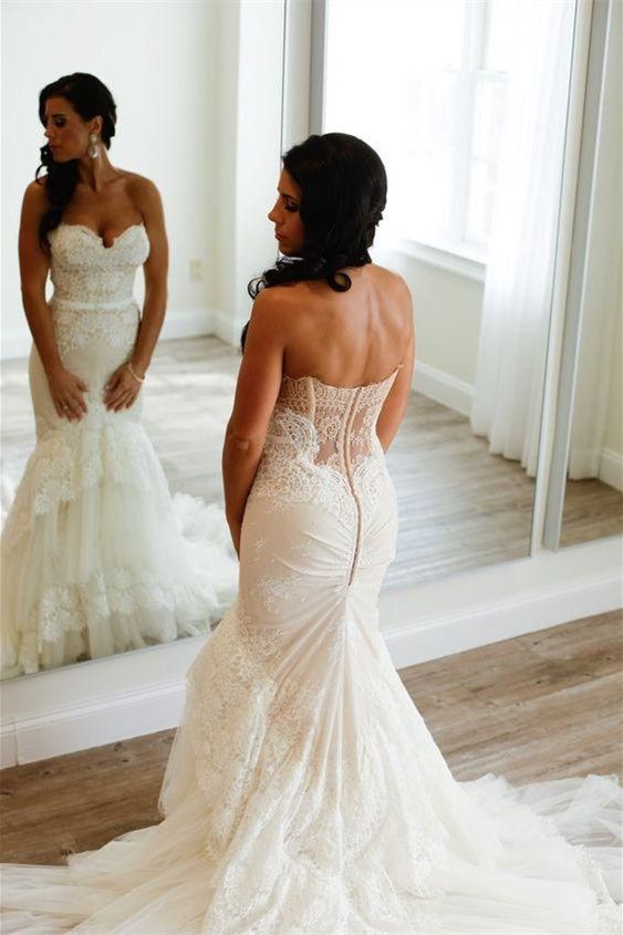 Champagne Strapless Lace Mermaid Wedding Dress