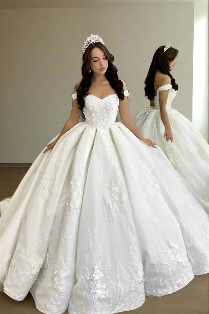 Off the Shoulder White A-Line Ball Gown with 3D Floral